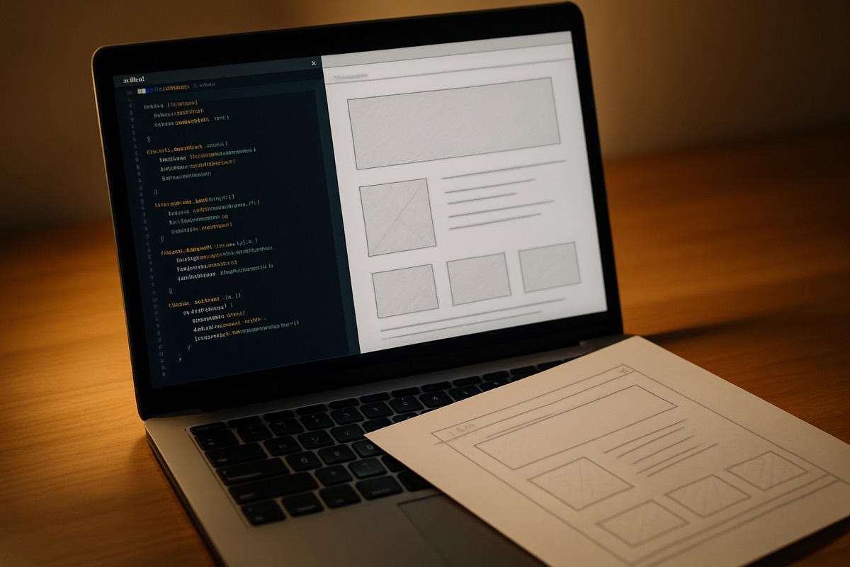 Laptop showing website code next to a hand-drawn wireframe sketch