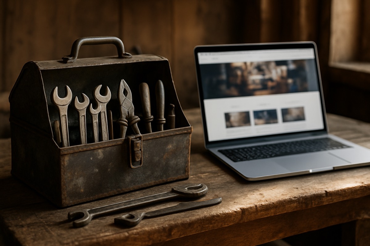 A toolbox next to a laptop, symbolizing hands-on trade work meeting digital work
