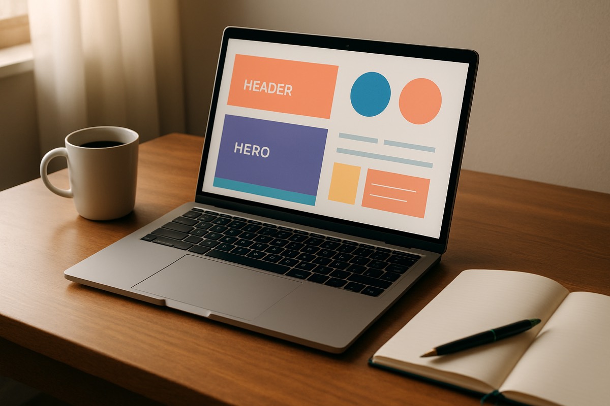 Laptop showing a website design mockup on a desk