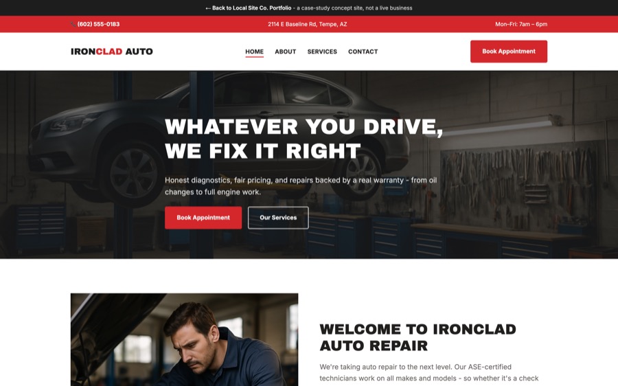 Ironclad Auto Repair website homepage
