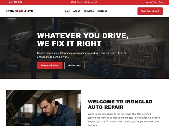 Ironclad Auto Repair website homepage