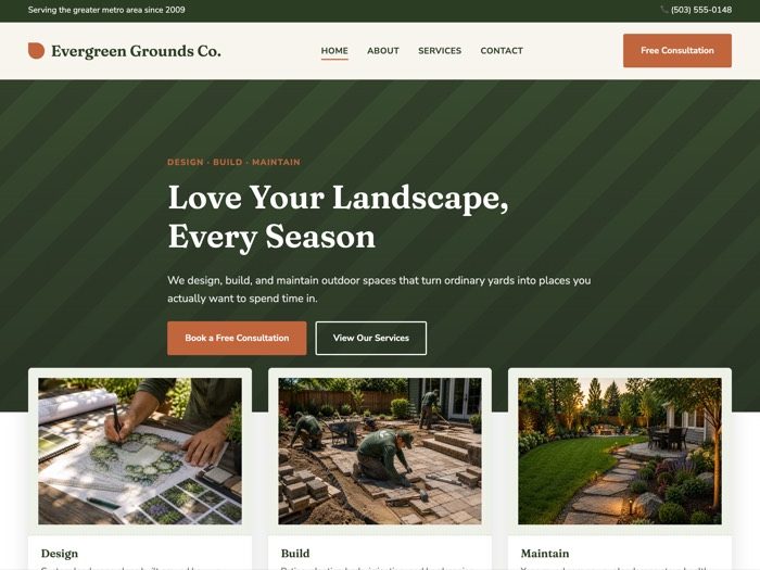 Evergreen Grounds Co. website homepage