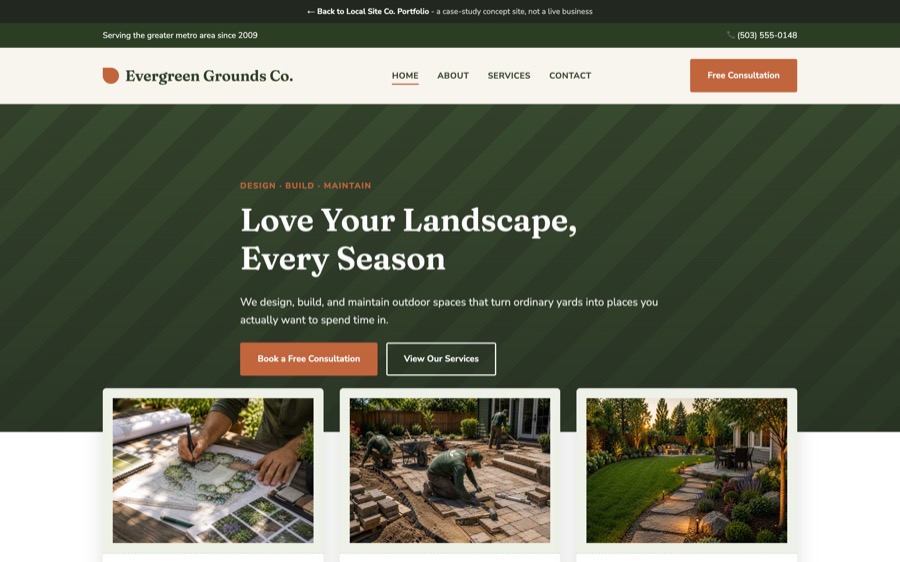 Evergreen Grounds Co. website homepage
