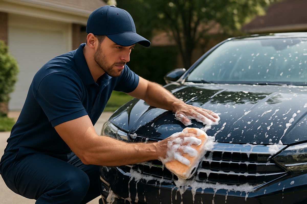 Mobile detailing technician hand-washing a car