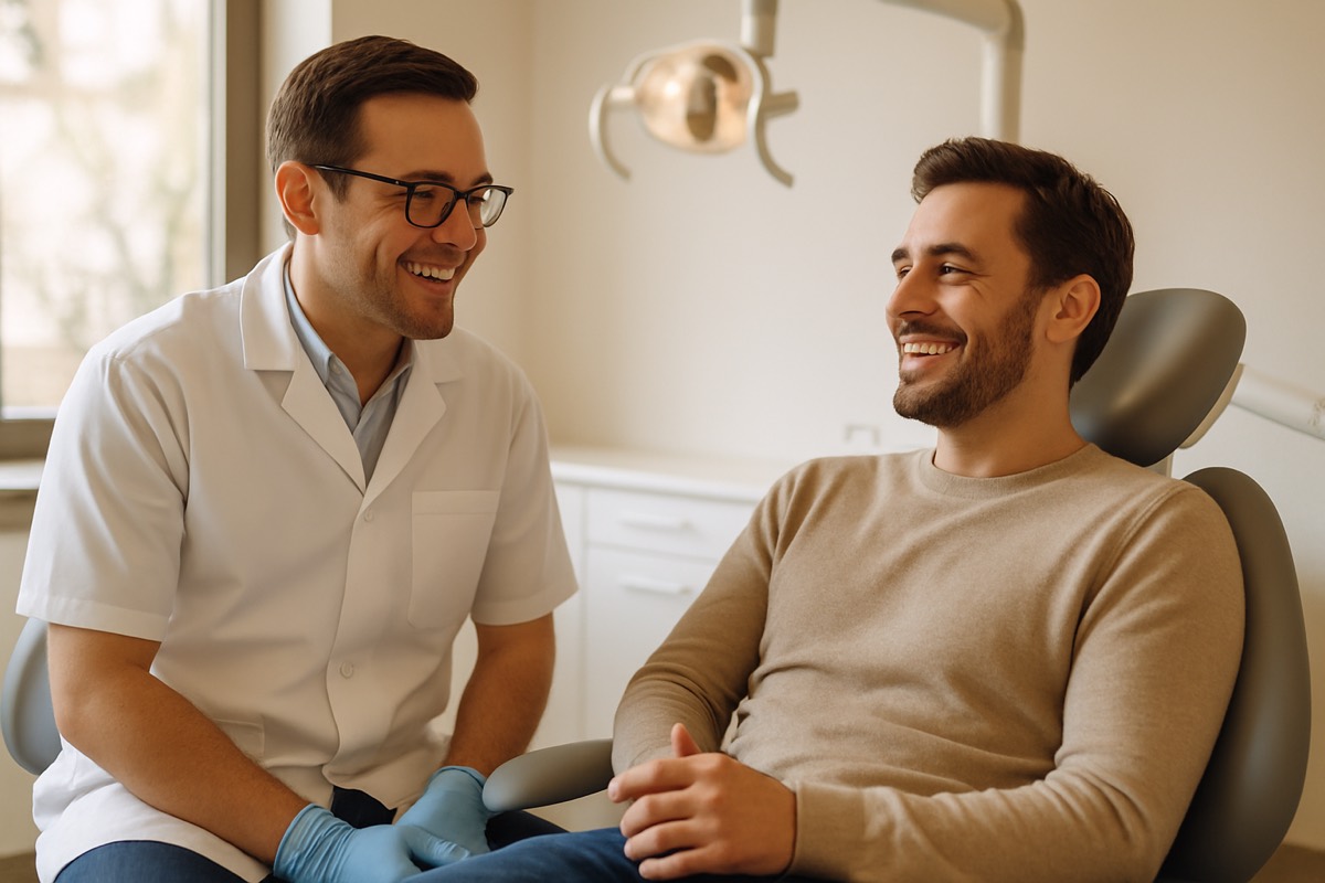Dentist chatting with a relaxed patient