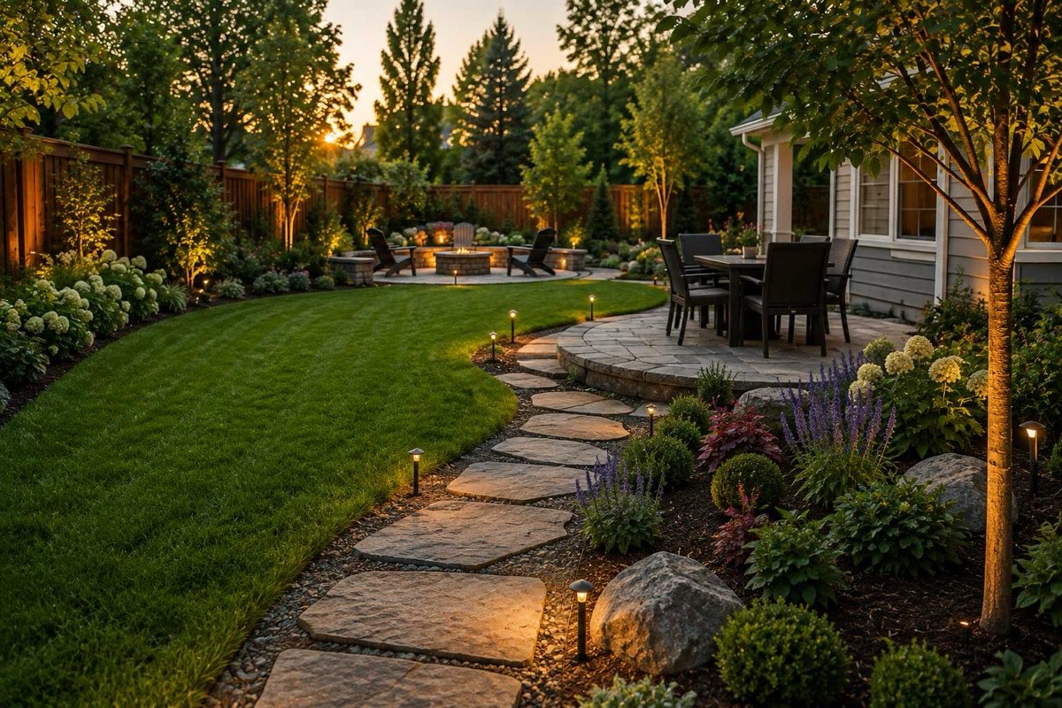 A beautifully finished landscaped backyard at dusk