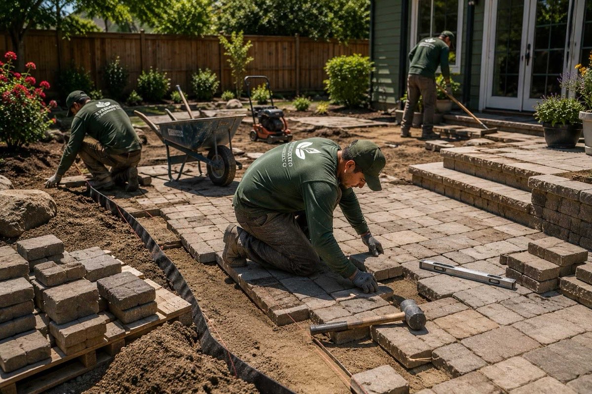 Evergreen Grounds Co. crew installing a stone paver patio