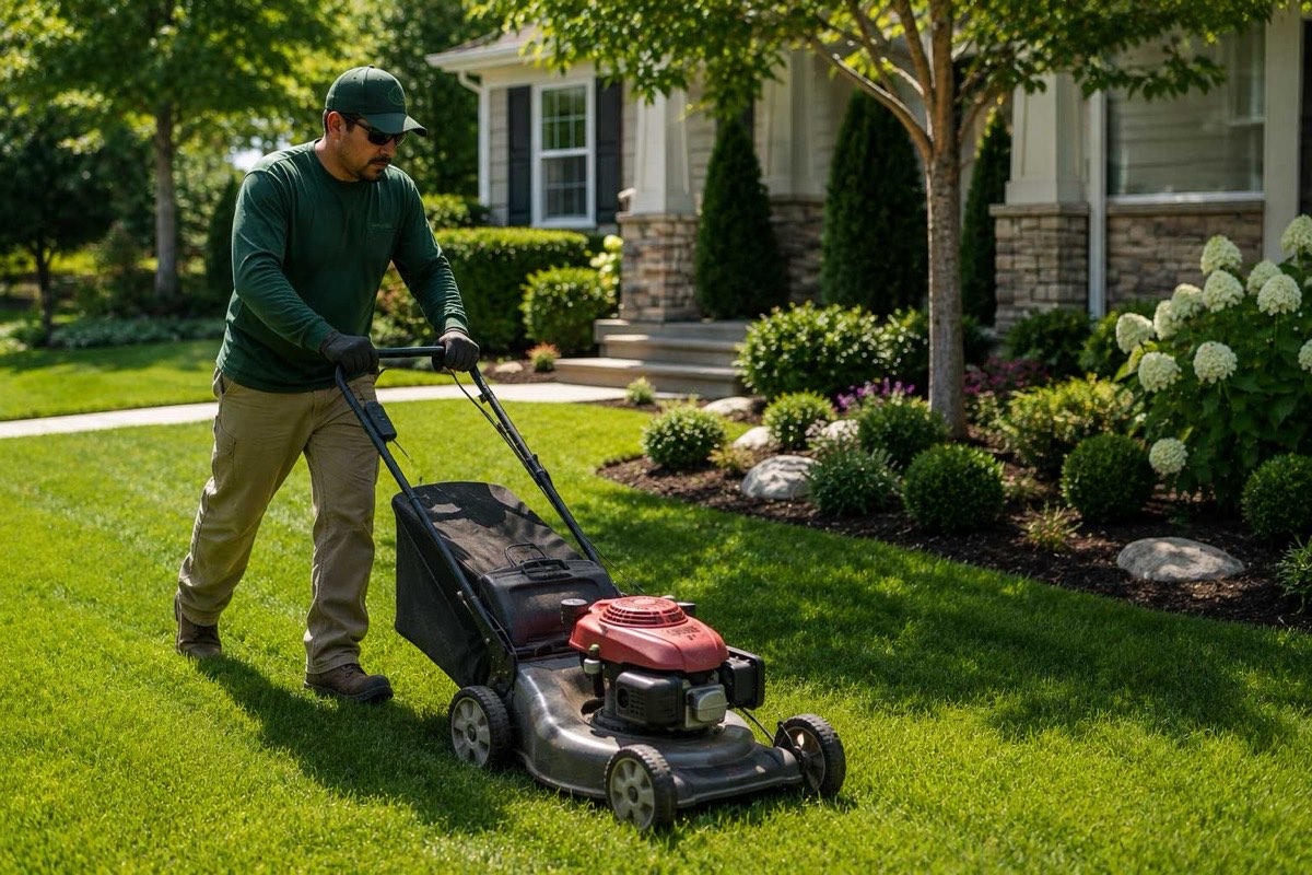 Evergreen Grounds Co. crew member mowing a lawn
