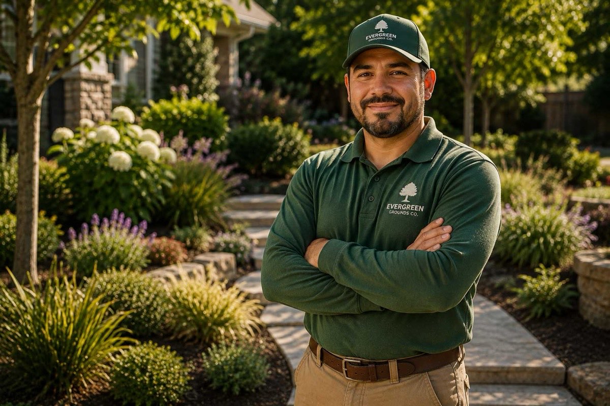 Evergreen Grounds Co. team member in a finished garden