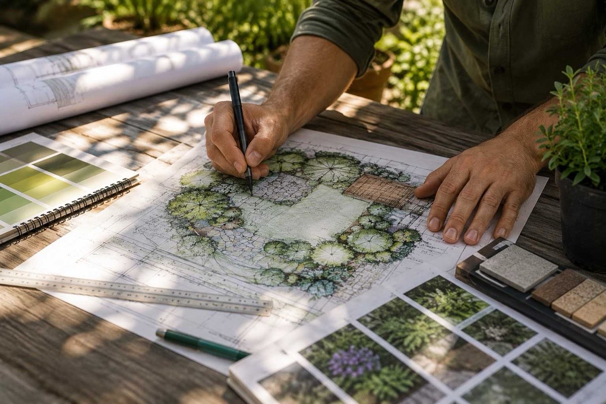 Landscape designer sketching a garden plan