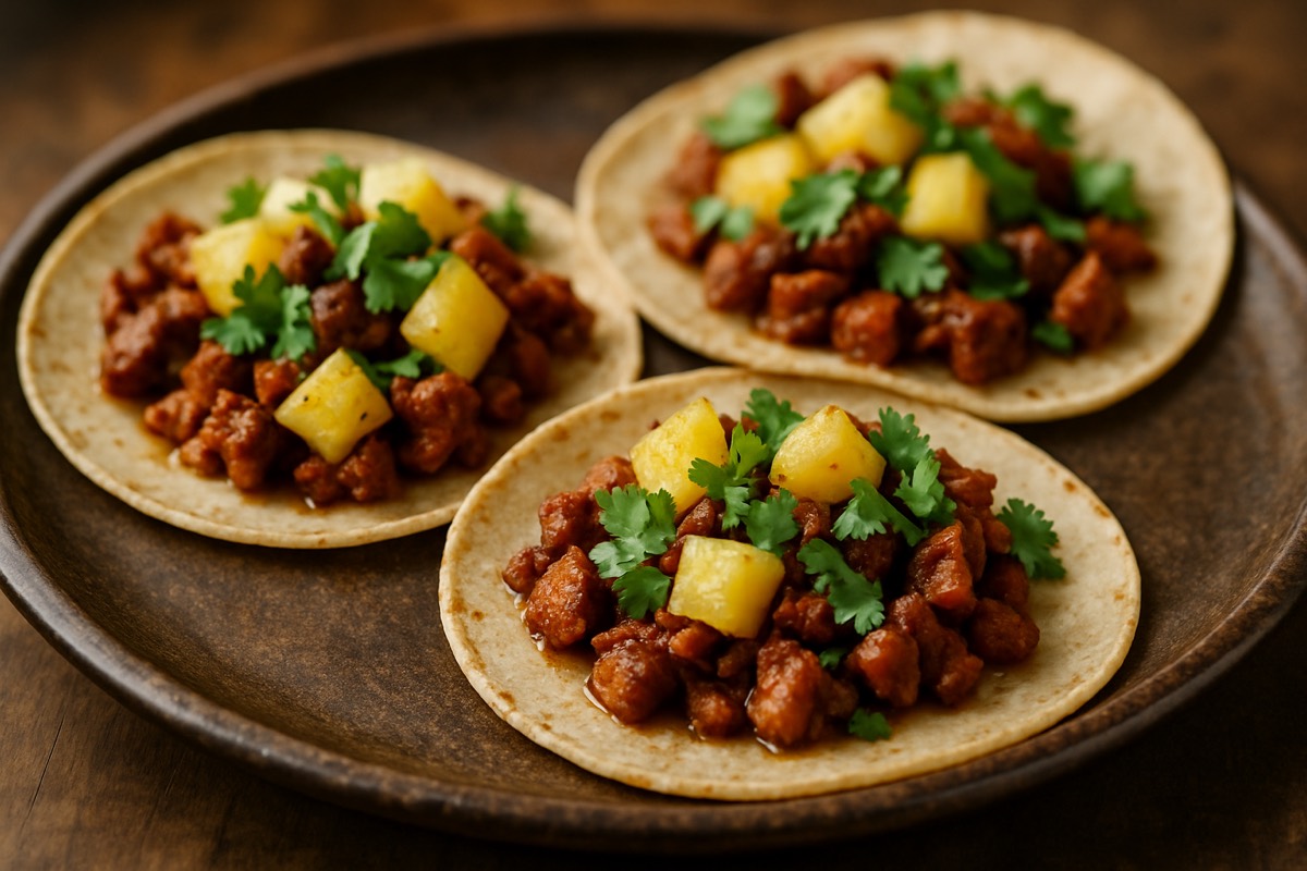 Al pastor tacos with pineapple and cilantro