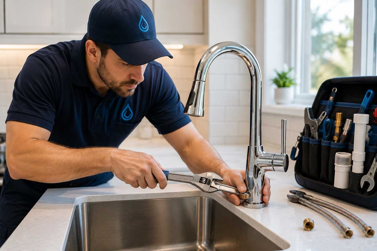 Rapid Flow Plumbing technician installing a kitchen faucet