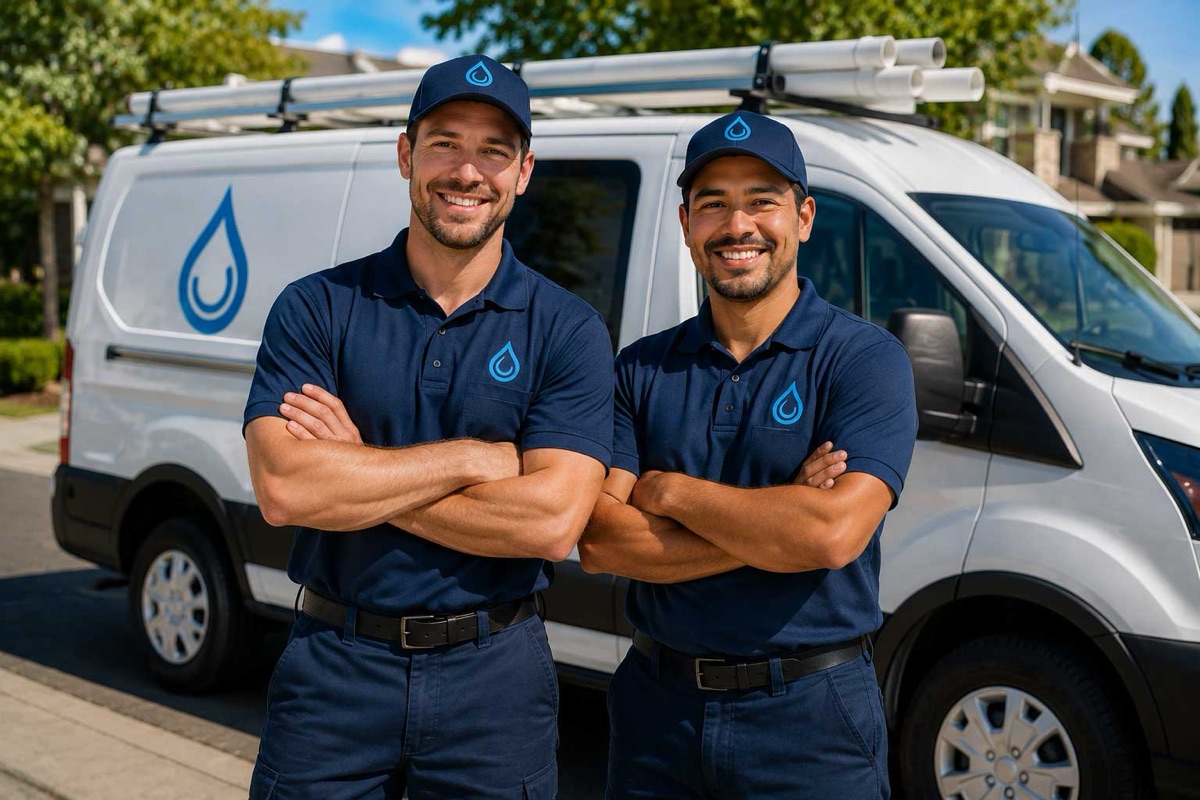 Rapid Flow Plumbing team in front of the service van